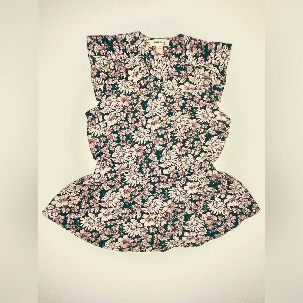 Monteau Floral V-Neck Faux Wrap Ties Peplum Blouse Flutter Sleeve in Pink Green - Picture 2 of 8